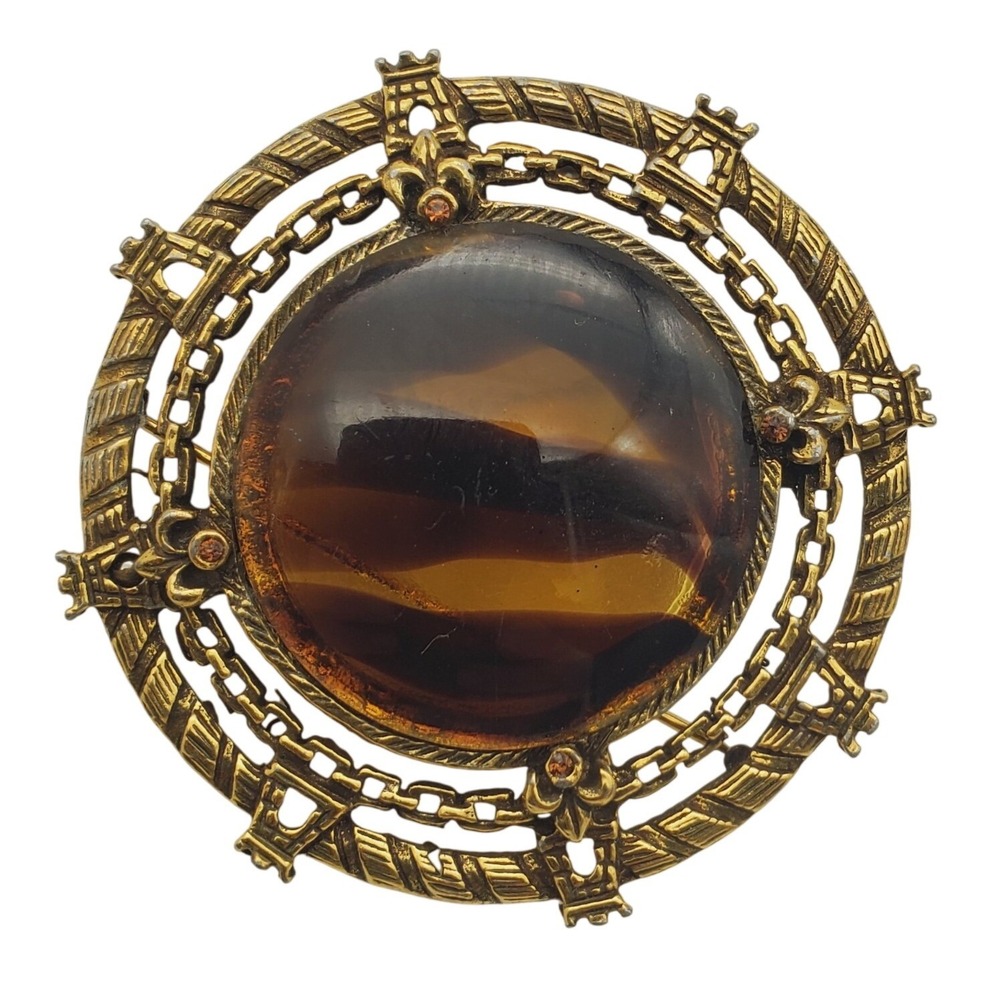 Jeanne Brooch Pendant Faux Tortoise Gold Topaz Rhinestone Castle French Pin Vtg‎